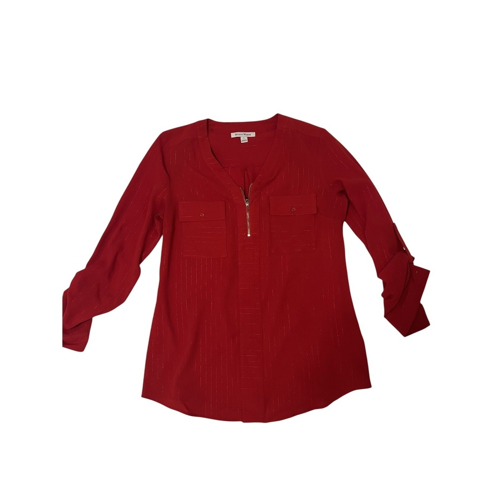 Studio Works Red Metallic Pinstripe Zip Front Roll Tab Sleeve Blouse Small